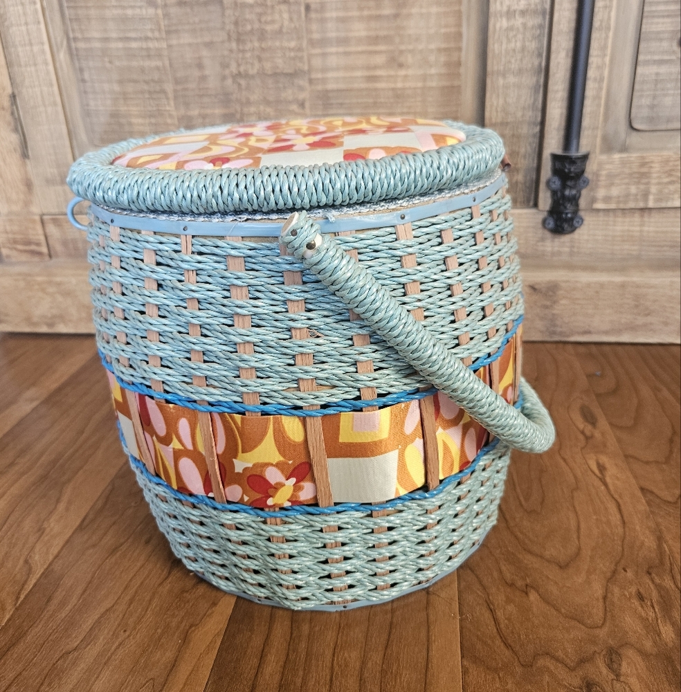 Vintage Woven Sewing Basket with Floral Lid